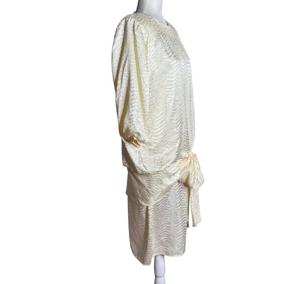 Argenti Vintage 80s Cream Textured Dress Small Tie Waist Buttons Golden Girls - Picture 6 of 7